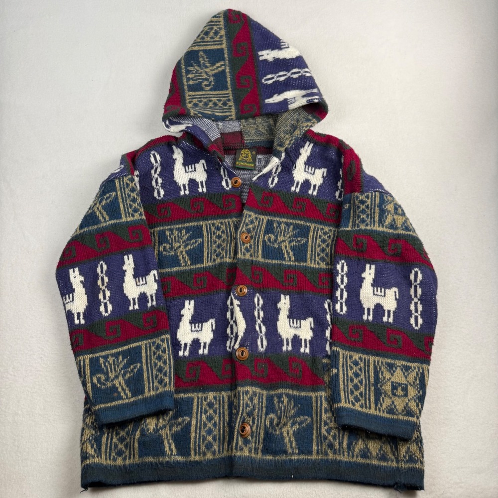 Ruminahui Vintage Wool Hooded Cardigan Llama Intarsia Sweater Ecuador Mens L